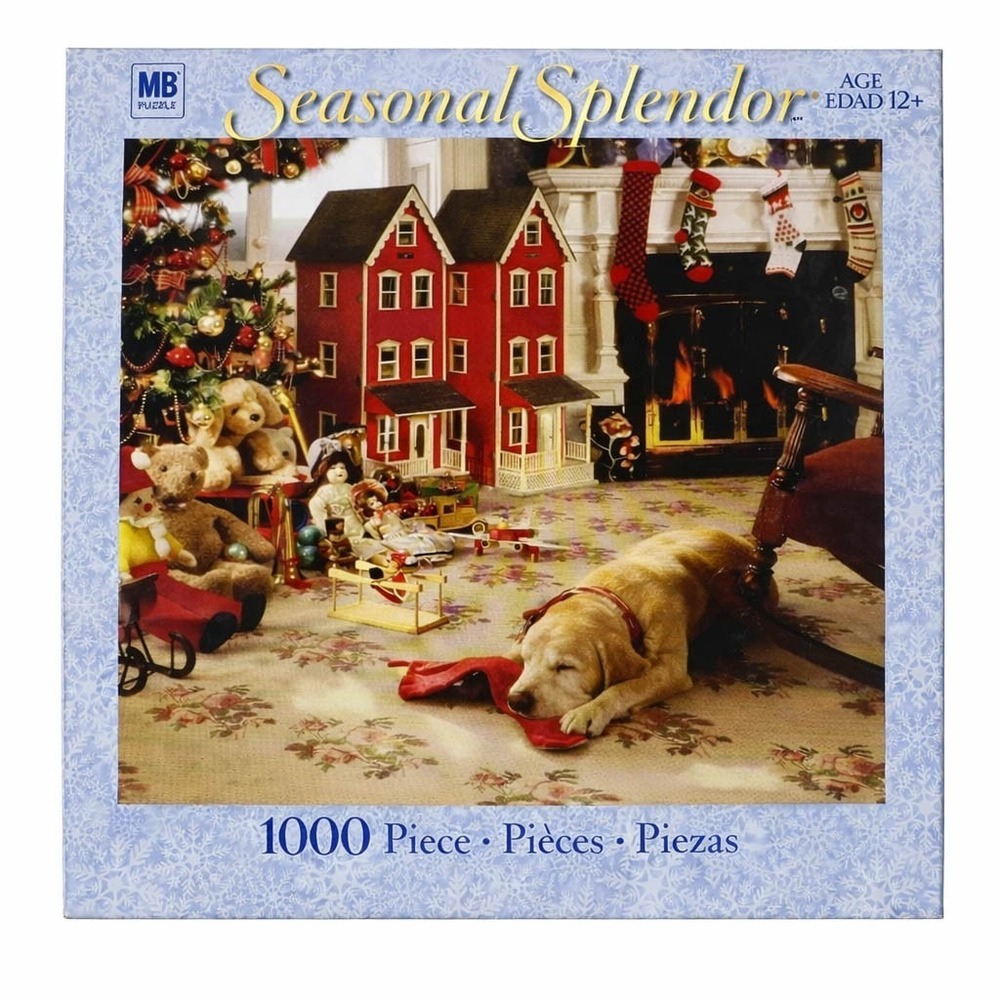 MB Seasonal Splendor 1000‎ Piece Jigsaw Puzzle Christmas Dog Fireplace Scene